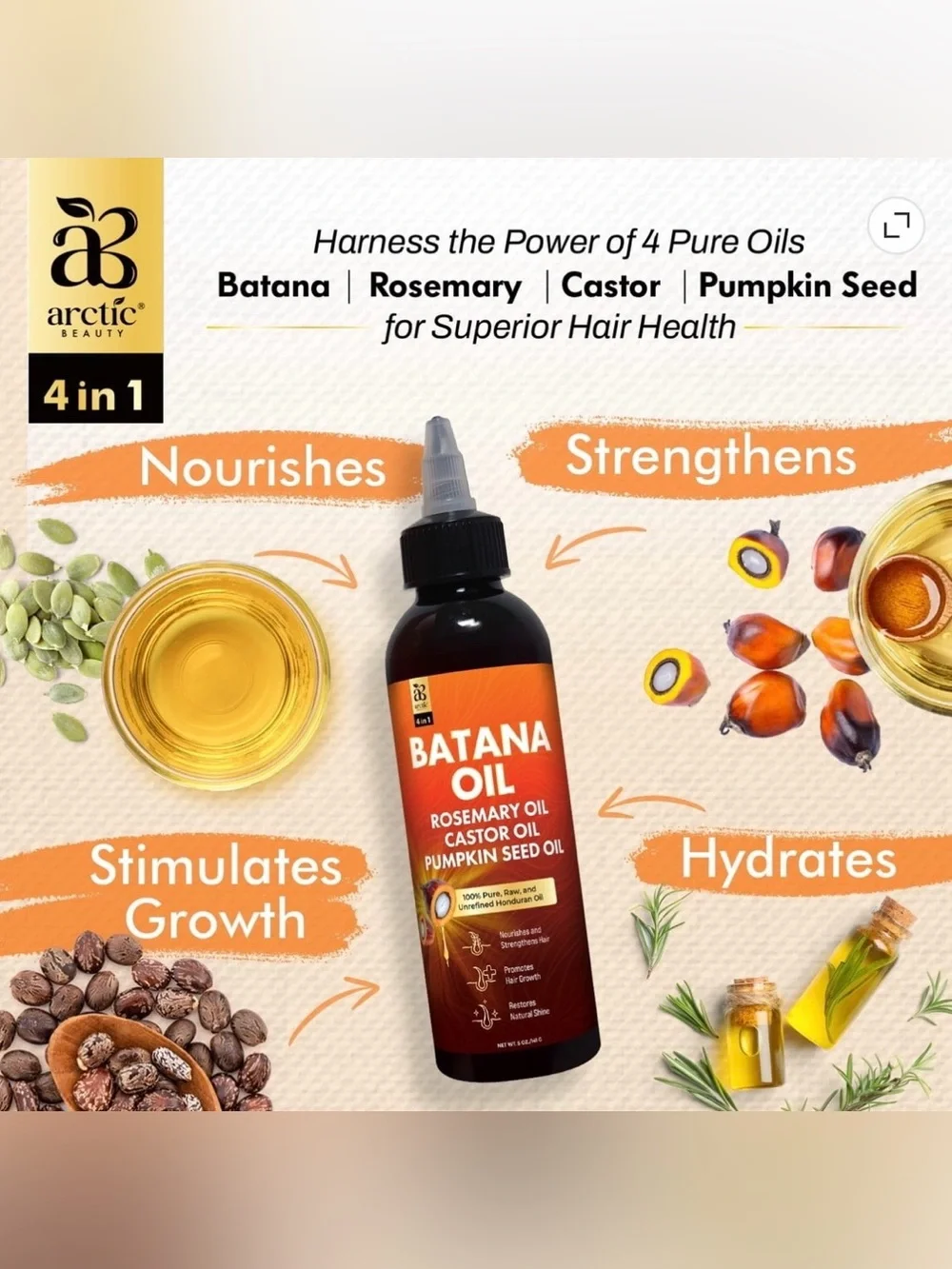 Arctic Beauty 4 in 1 Pure, Raw, Unrefined Batana Oil, full Sz 5oz, BNIB, Sealed